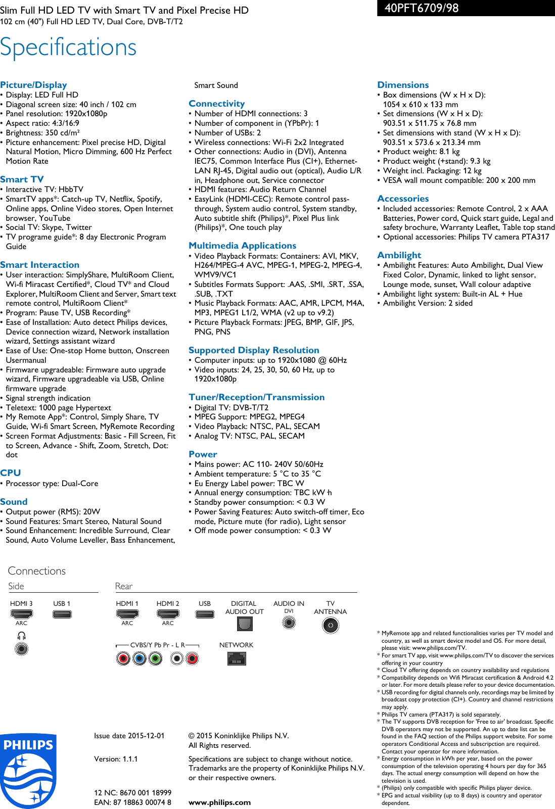 Page 3 of 3 - Philips 40PFT6709/98 Slim Full HD LED TV With Smart And Pixel Precise User Manual Leaflet 40pft6709 98 Pss Engsg