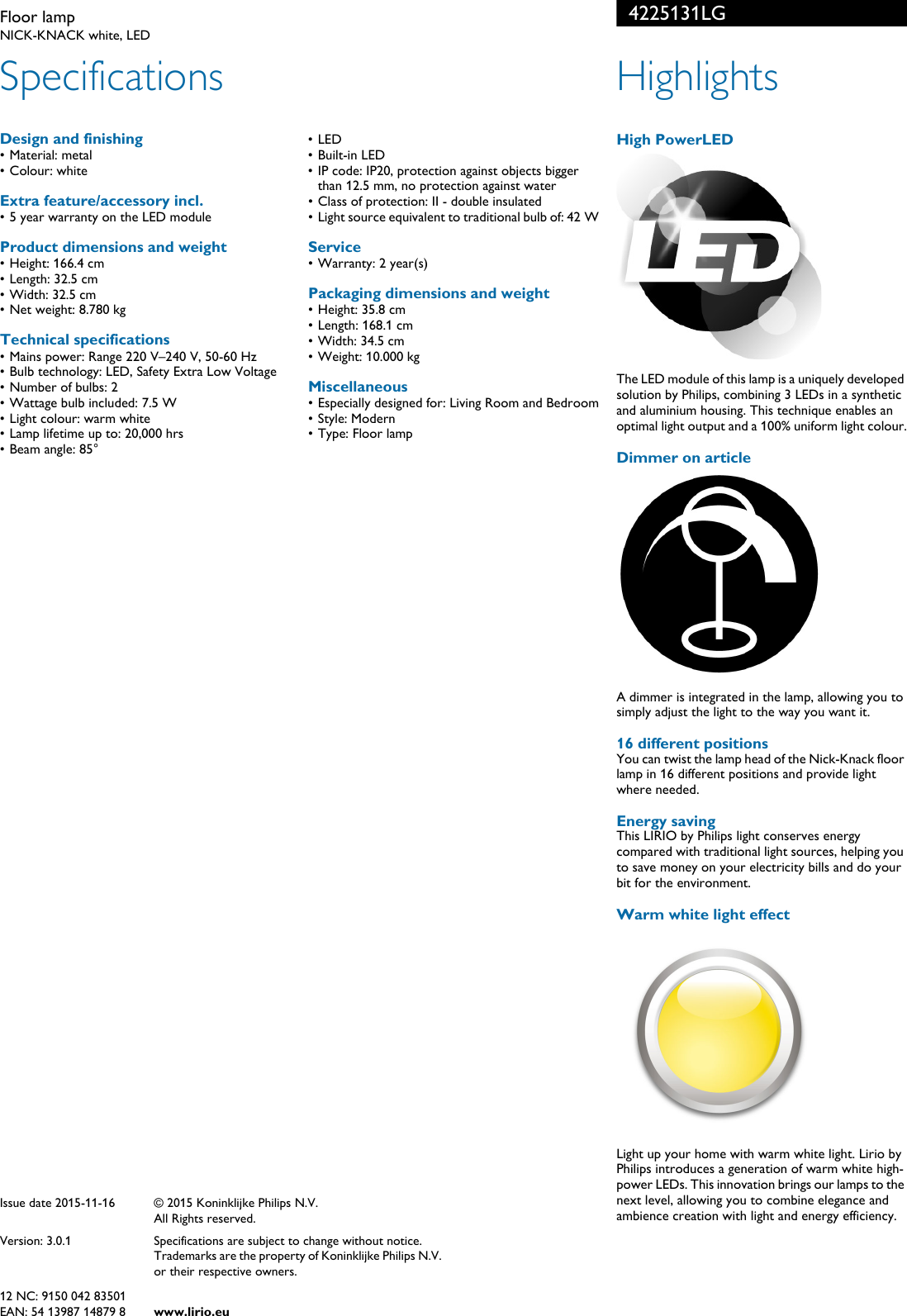 Page 2 of 2 - Philips 42251/31/LG 4225131LG Lirio Floor Lamp User Manual Leaflet Pss Engie