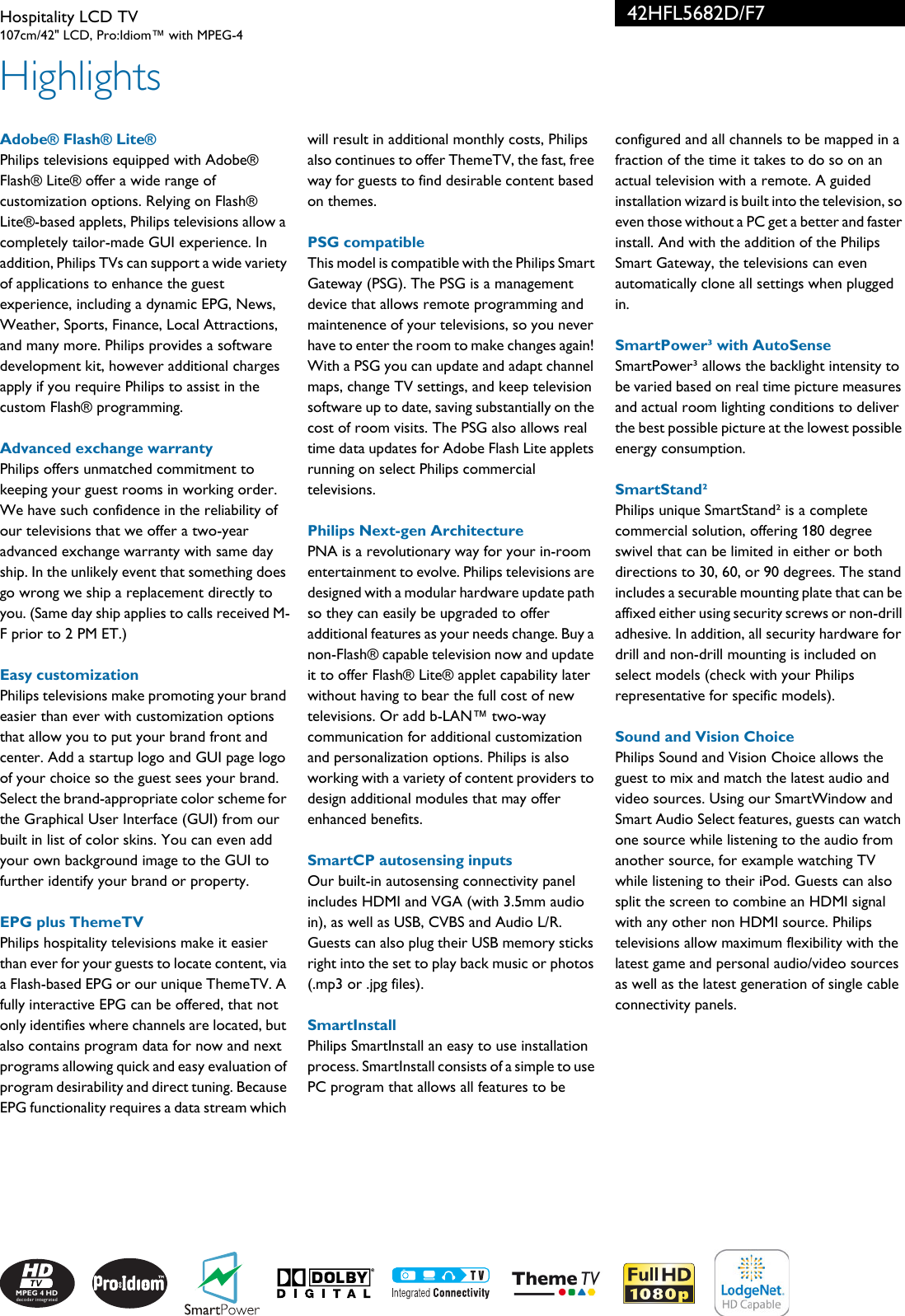 Page 2 of 3 - Philips 42HFL5682D/F7 Hospitality LCD TV User Manual Leaflet 42hfl5682d F7 Pss Aenus