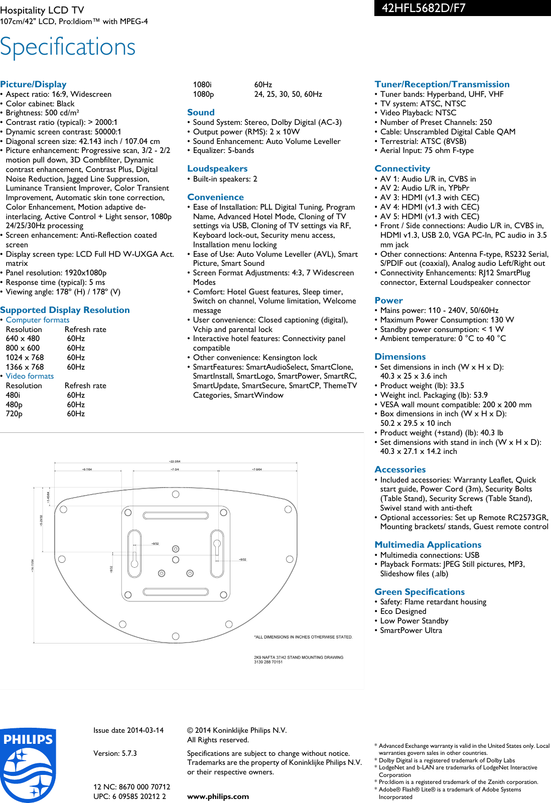 Page 3 of 3 - Philips 42HFL5682D/F7 Hospitality LCD TV User Manual Leaflet 42hfl5682d F7 Pss Aenus