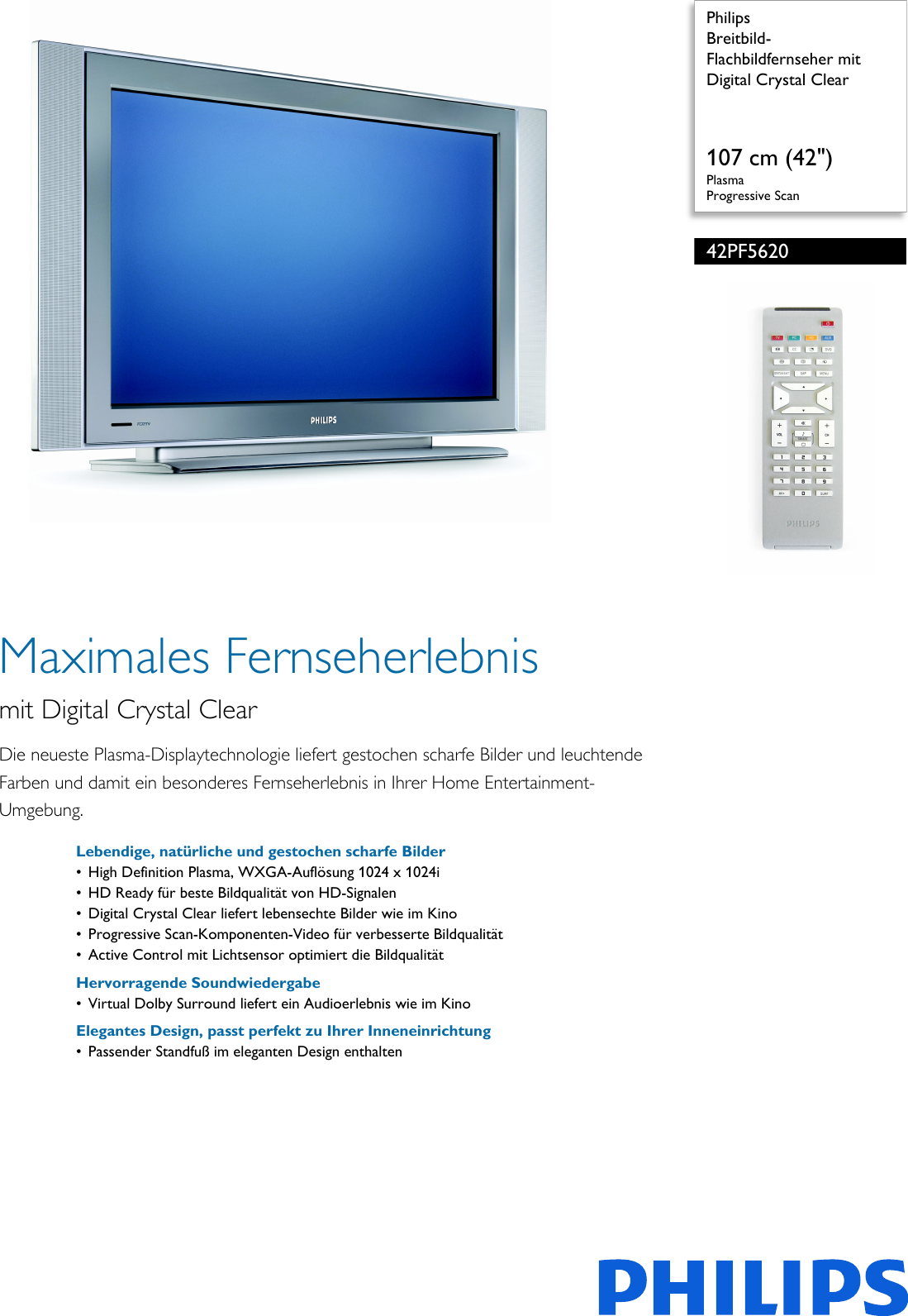 Page 1 of 3 - Philips 42PF5620/10 Leaflet 42PF5620_10 Released Germany (German)  User Manual Datenblatt 42pf5620 10 Pss Deude