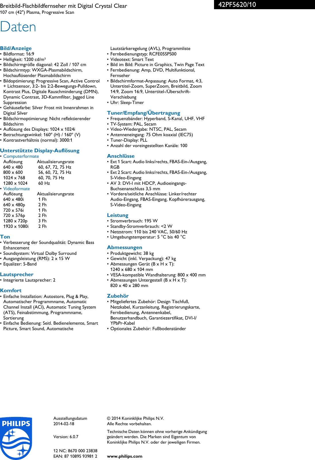 Page 3 of 3 - Philips 42PF5620/10 Leaflet 42PF5620_10 Released Germany (German)  User Manual Datenblatt 42pf5620 10 Pss Deude