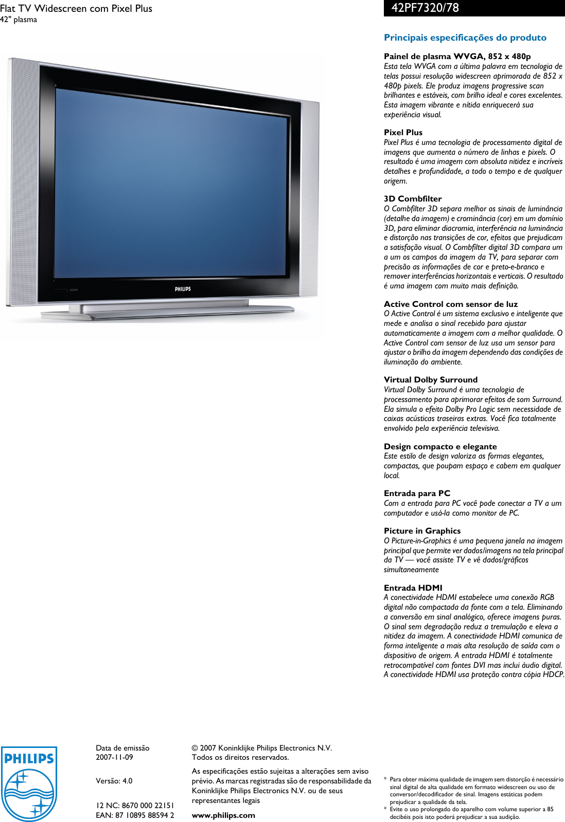 Page 3 of 3 - Philips 42PF7320/78 Flat TV Widescreen Com Pixel Plus User Manual Folheto 42pf7320 78 Pss Brpbr