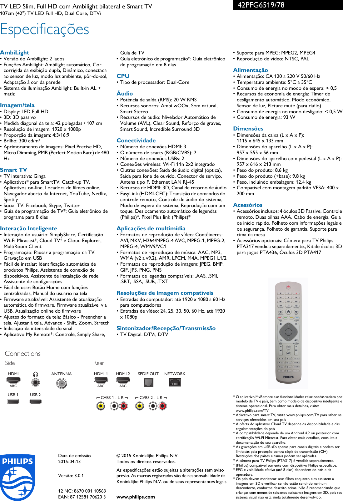 Page 3 of 3 - Philips 42PFG6519/78 TV LED Slim, Full HD Com Ambilight Bilateral E Smart User Manual Folheto 42pfg6519 78 Pss Brpbr