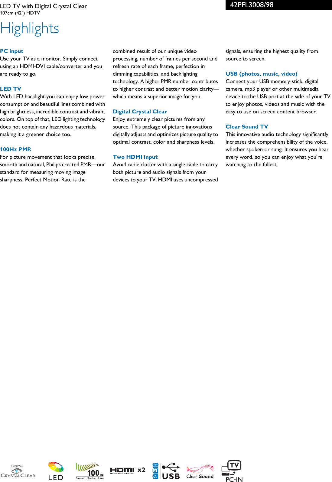 Page 2 of 3 - Philips 42PFL3008/98 LED TV With Digital Crystal Clear User Manual Leaflet 42pfl3008 98 Pss Engsg