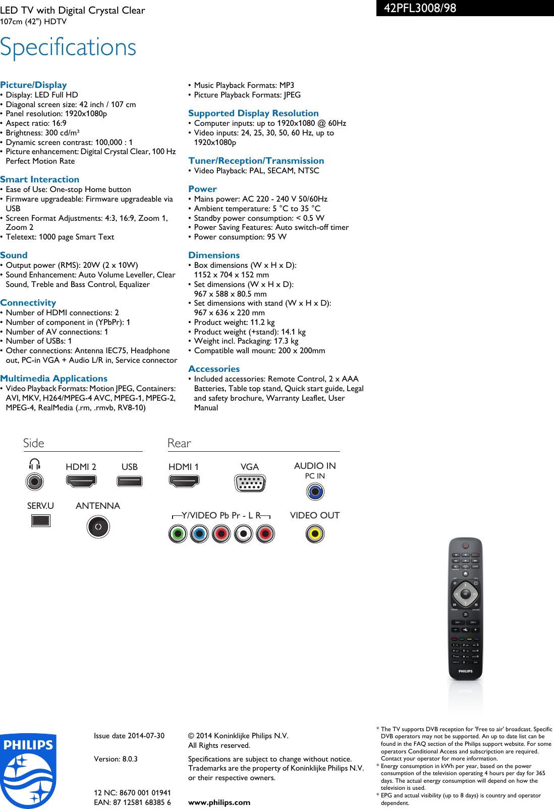Page 3 of 3 - Philips 42PFL3008/98 LED TV With Digital Crystal Clear User Manual Leaflet 42pfl3008 98 Pss Engsg