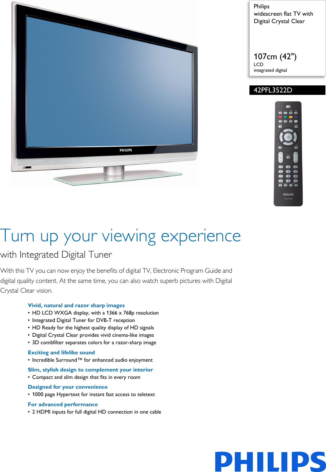 Page 1 of 3 - Philips 42PFL3522D/12 Widescreen Flat TV With Digital Crystal Clear User Manual Scheda Tecnica 42pfl3522d 12 Pss