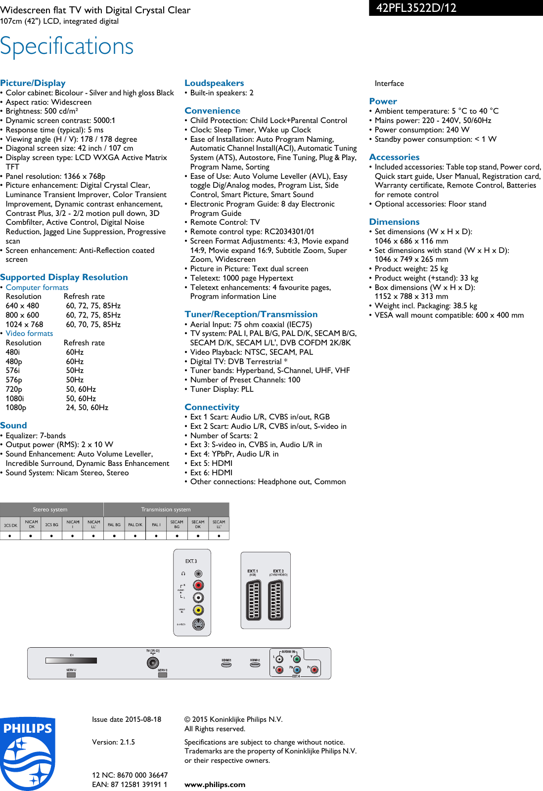 Page 3 of 3 - Philips 42PFL3522D/12 Widescreen Flat TV With Digital Crystal Clear User Manual Scheda Tecnica 42pfl3522d 12 Pss