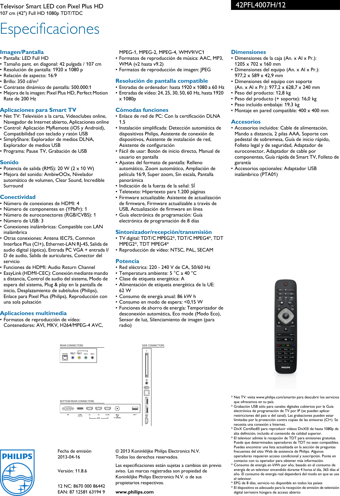 Page 3 of 3 - Philips 42PFL4007H/12 Leaflet 42PFL4007H_12 Released Spain (Spanish)  User Manual Folleto 42pfl4007h 12 Pss Espes