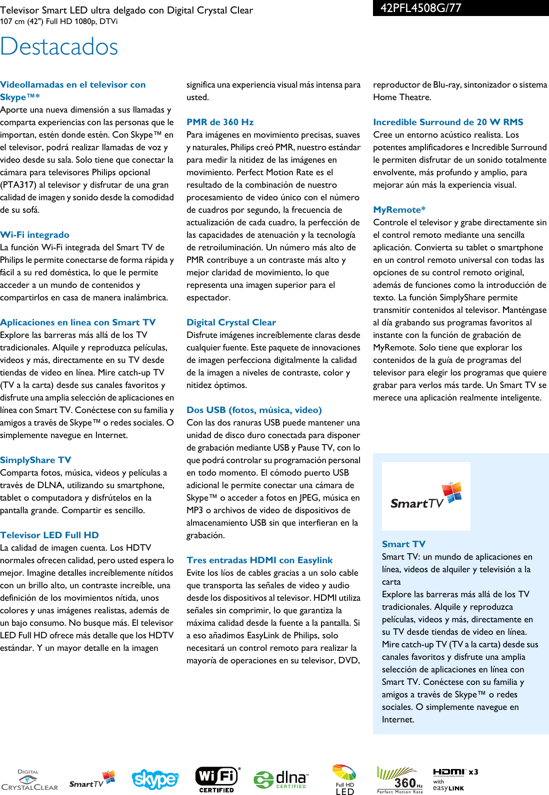 Page 2 of 3 - Philips 42PFL4508G/77 Televisor Smart LED Ultra Delgado Con Digital Crystal Clear User Manual Folleto 42pfl4508g 77 Pss Aspar