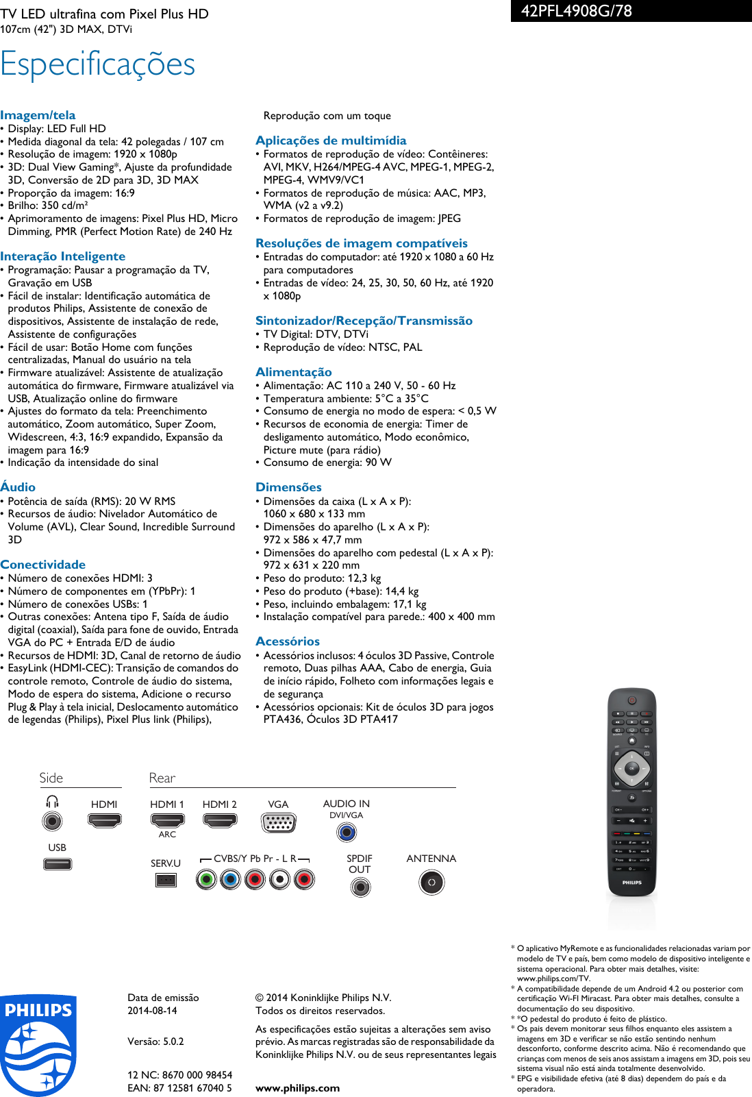 Page 3 of 3 - Philips 42PFL4908G/78 TV LED Ultrafina Com Pixel Plus HD User Manual Folheto 42pfl4908g 78 Pss Brpbr