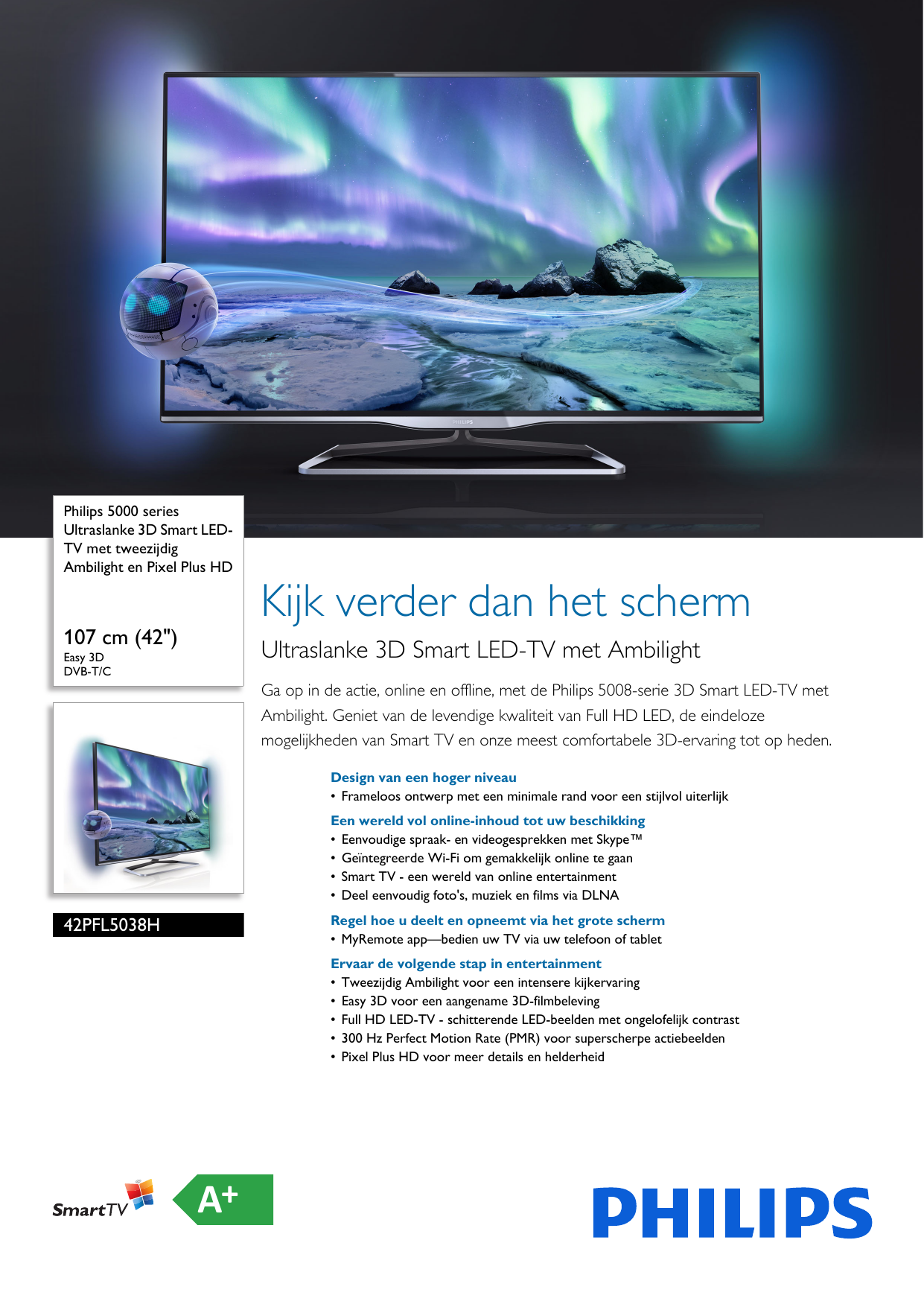 Groot universum mot halen Philips 42PFL5038H/12 Ultraslanke 3D Smart LED TV Met Tweezijdig Ambilight  En Pixel Plus HD User Manual Brochure 42pfl5038h 12 Pss Nldnl