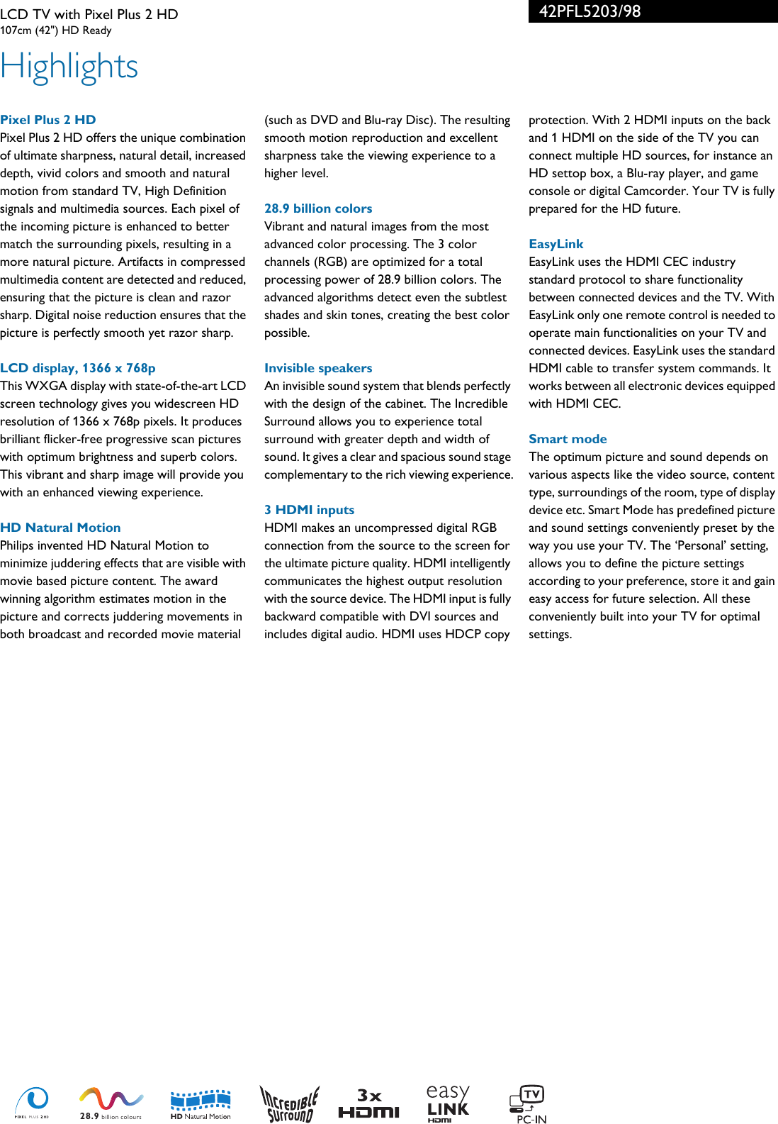 Page 2 of 3 - Philips 42PFL5203/98 LCD TV With Pixel Plus 2 HD User Manual Leaflet 42pfl5203 98 Pss