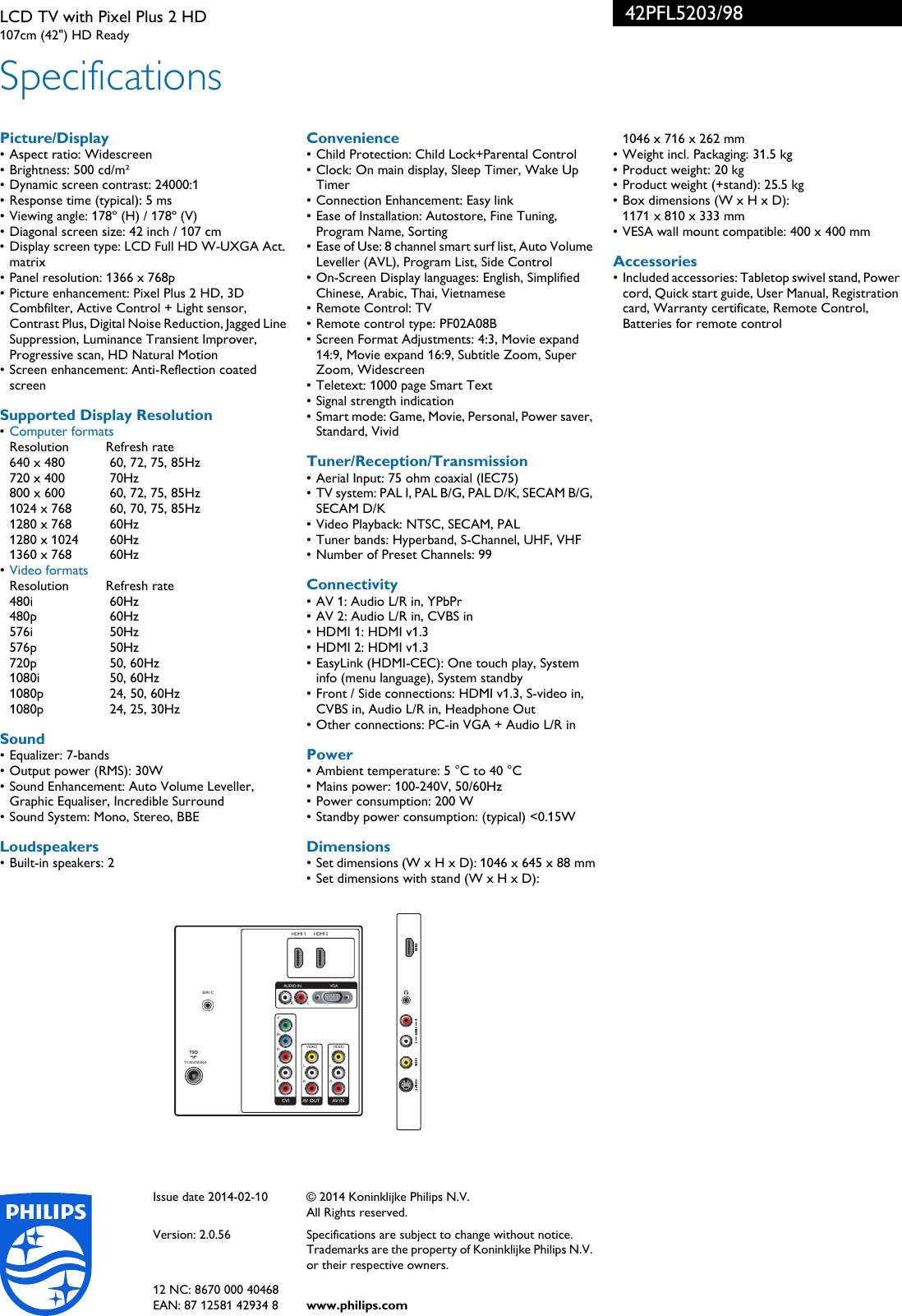 Page 3 of 3 - Philips 42PFL5203/98 LCD TV With Pixel Plus 2 HD User Manual Leaflet 42pfl5203 98 Pss