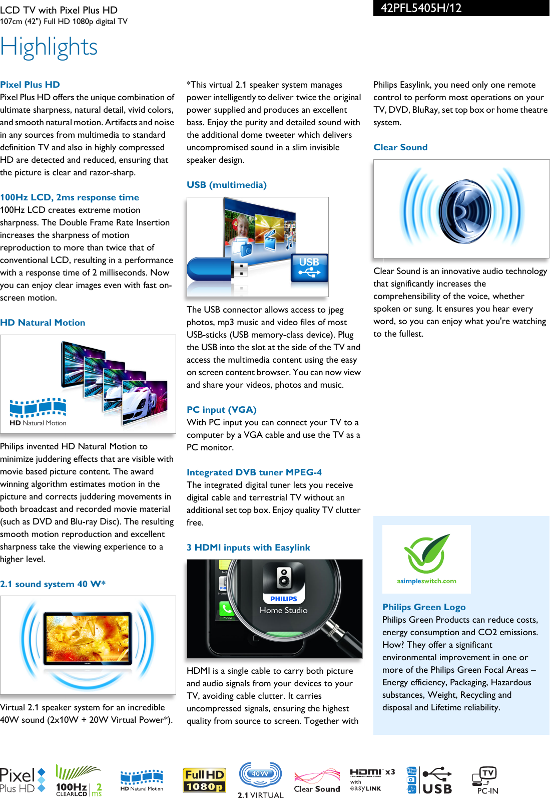Page 2 of 3 - Philips 42PFL5405H/12 LCD TV With Pixel Plus HD User Manual Leaflet 42pfl5405h 12 Pss Aenus