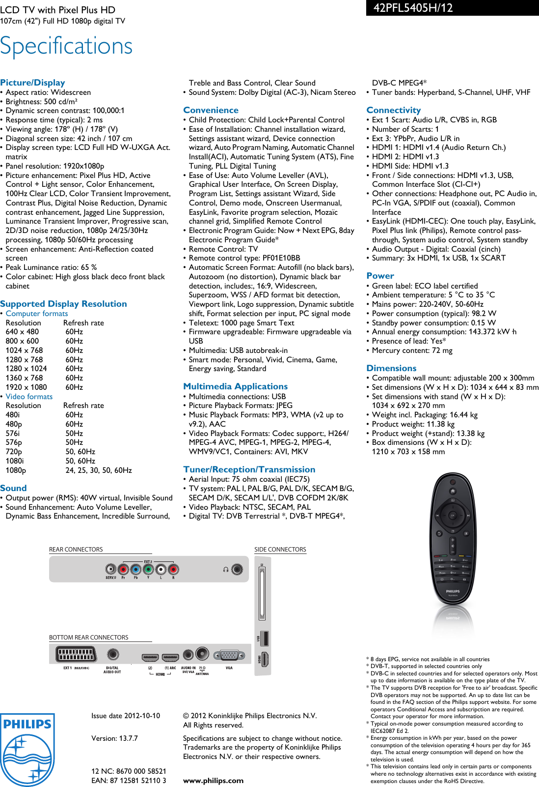 Page 3 of 3 - Philips 42PFL5405H/12 LCD TV With Pixel Plus HD User Manual Leaflet 42pfl5405h 12 Pss Aenus