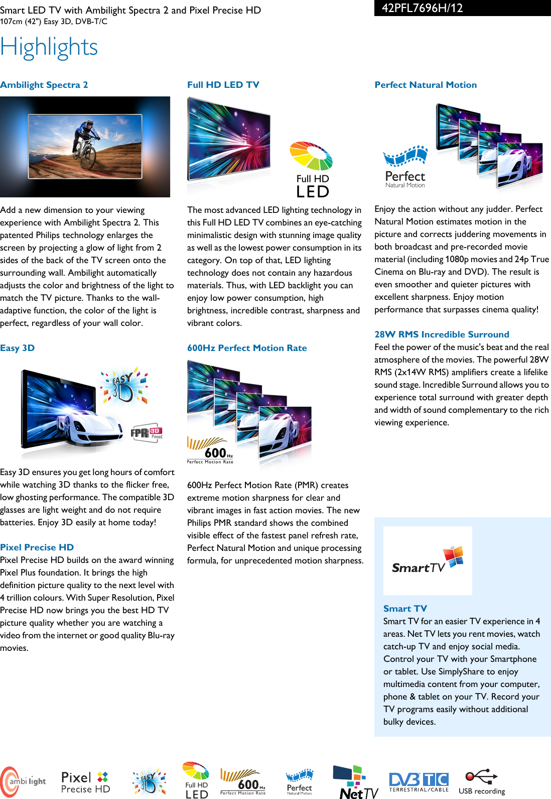 Page 2 of 3 - Philips 42PFL7696H/12 Smart LED TV With Ambilight Spectra 2 And Pixel Precise HD User Manual Leaflet 42pfl7696h 12 Pss