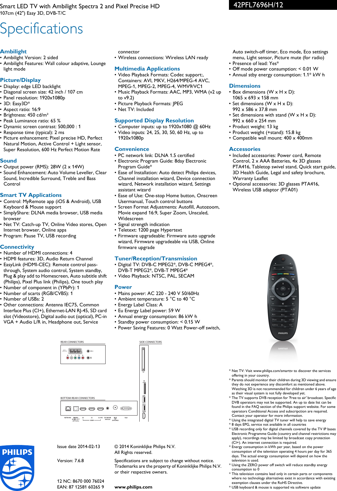 Page 3 of 3 - Philips 42PFL7696H/12 Smart LED TV With Ambilight Spectra 2 And Pixel Precise HD User Manual Leaflet 42pfl7696h 12 Pss