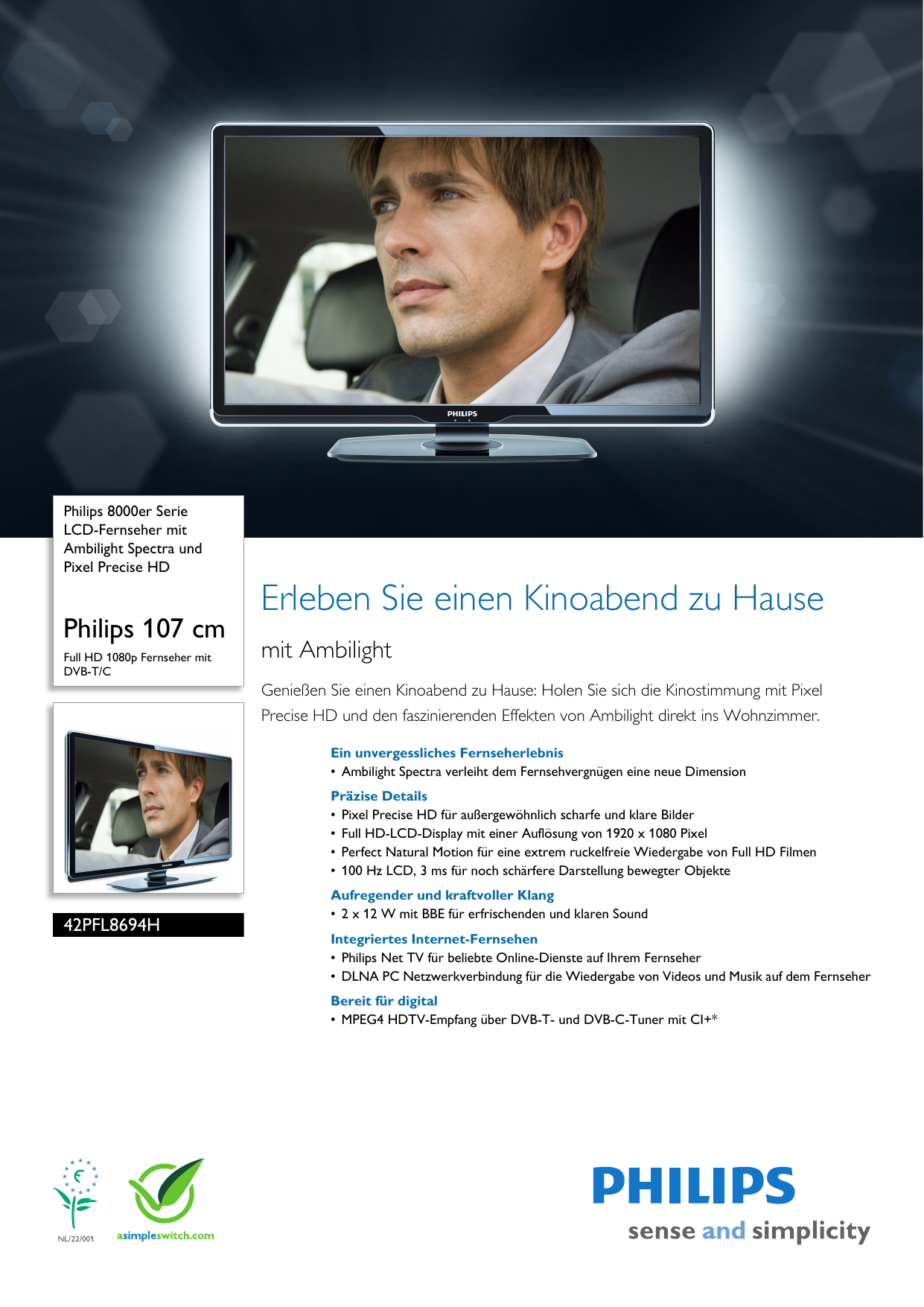 Page 1 of 3 - Philips 42PFL8694H/12 Leaflet 42PFL8694H_12 Released Switzerland (German) User Manual Datenblatt 42pfl8694h 12 Pss Deuat