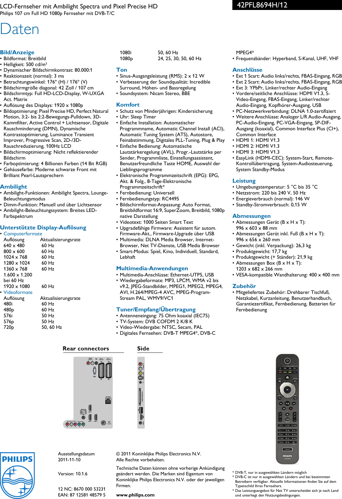 Page 3 of 3 - Philips 42PFL8694H/12 Leaflet 42PFL8694H_12 Released Switzerland (German) User Manual Datenblatt 42pfl8694h 12 Pss Deuat