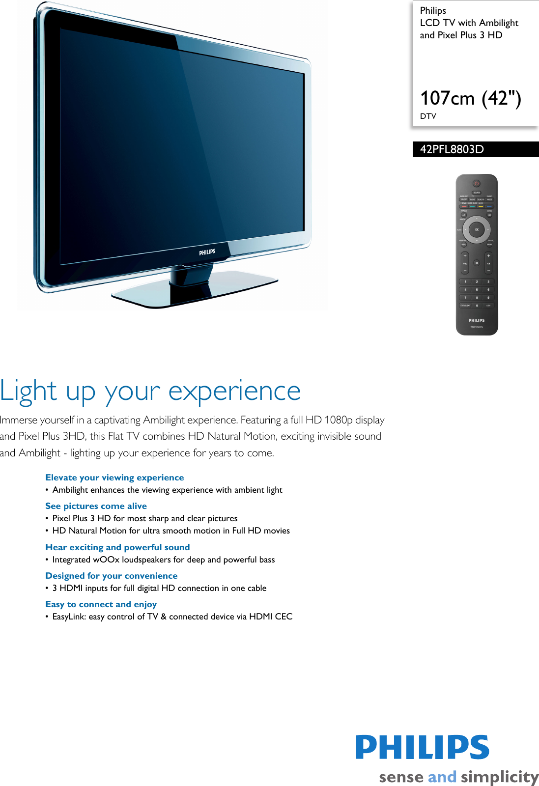 Page 1 of 3 - Philips 42PFL8803D/30 LCD TV With Ambilight And Pixel Plus 3 HD User Manual Leaflet 42pfl8803d 30 Pss Aenhk