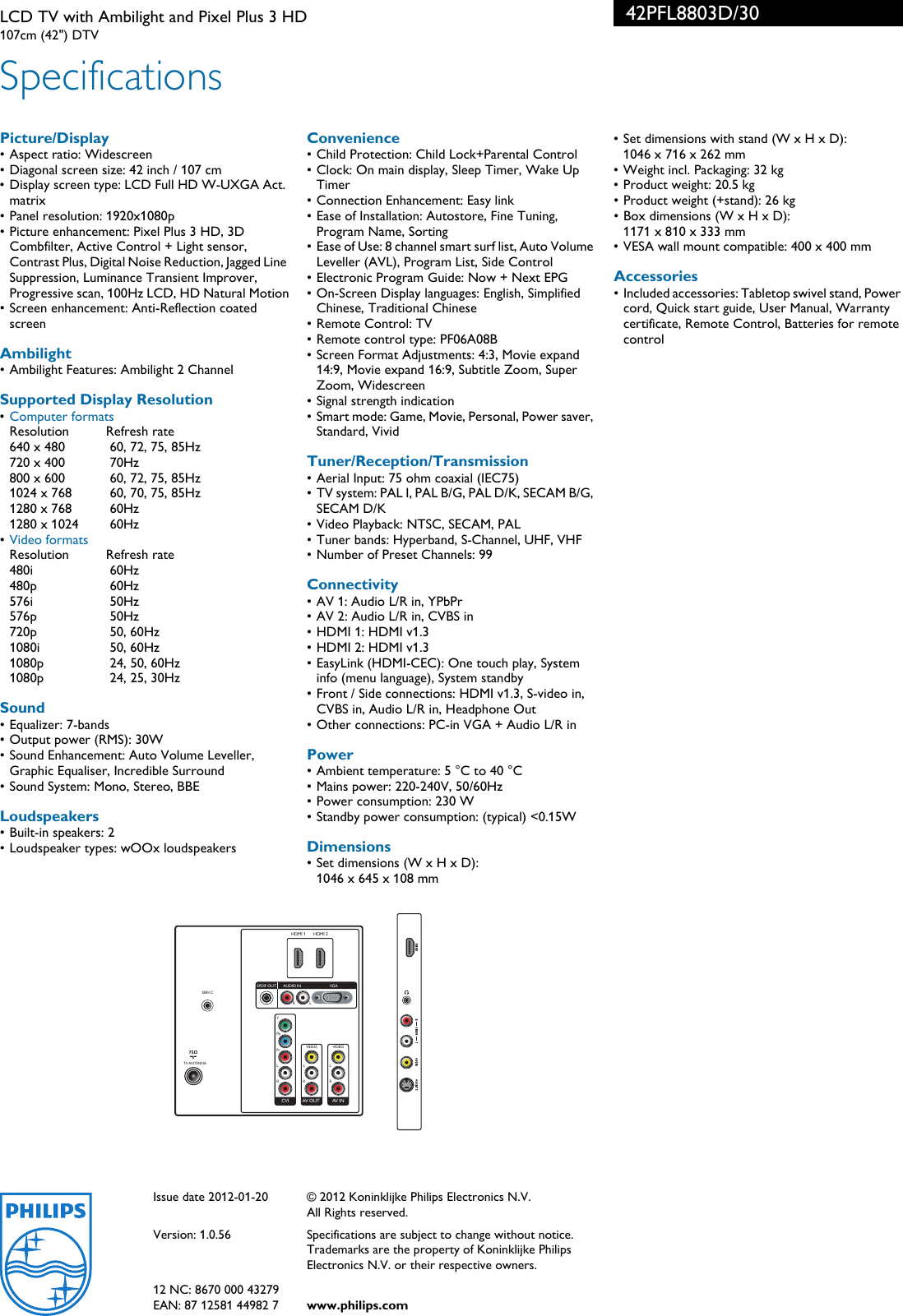 Page 3 of 3 - Philips 42PFL8803D/30 LCD TV With Ambilight And Pixel Plus 3 HD User Manual Leaflet 42pfl8803d 30 Pss Aenhk