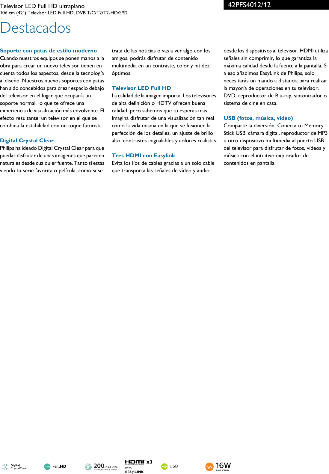 Page 2 of 3 - Philips 42PFS4012/12 Leaflet 42PFS4012_12 Released Spain (Spanish) User Manual Folleto 42pfs4012 12 Pss Espes