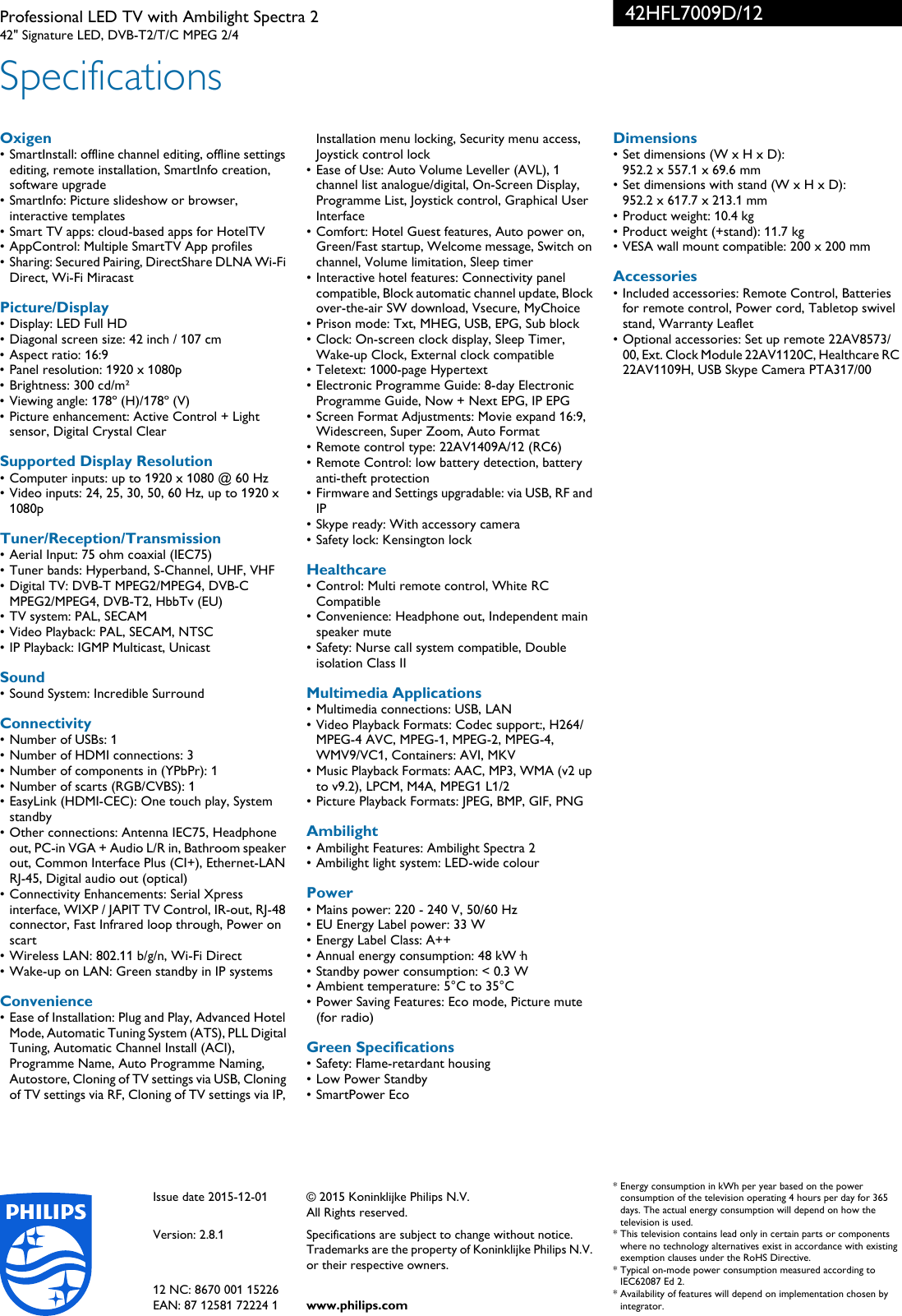 Page 3 of 3 - Philips 42HFL7009D/12 Professional LED TV With Ambilight Spectra 2 Leaflet 42hfl7009d 12 Pss Enggb