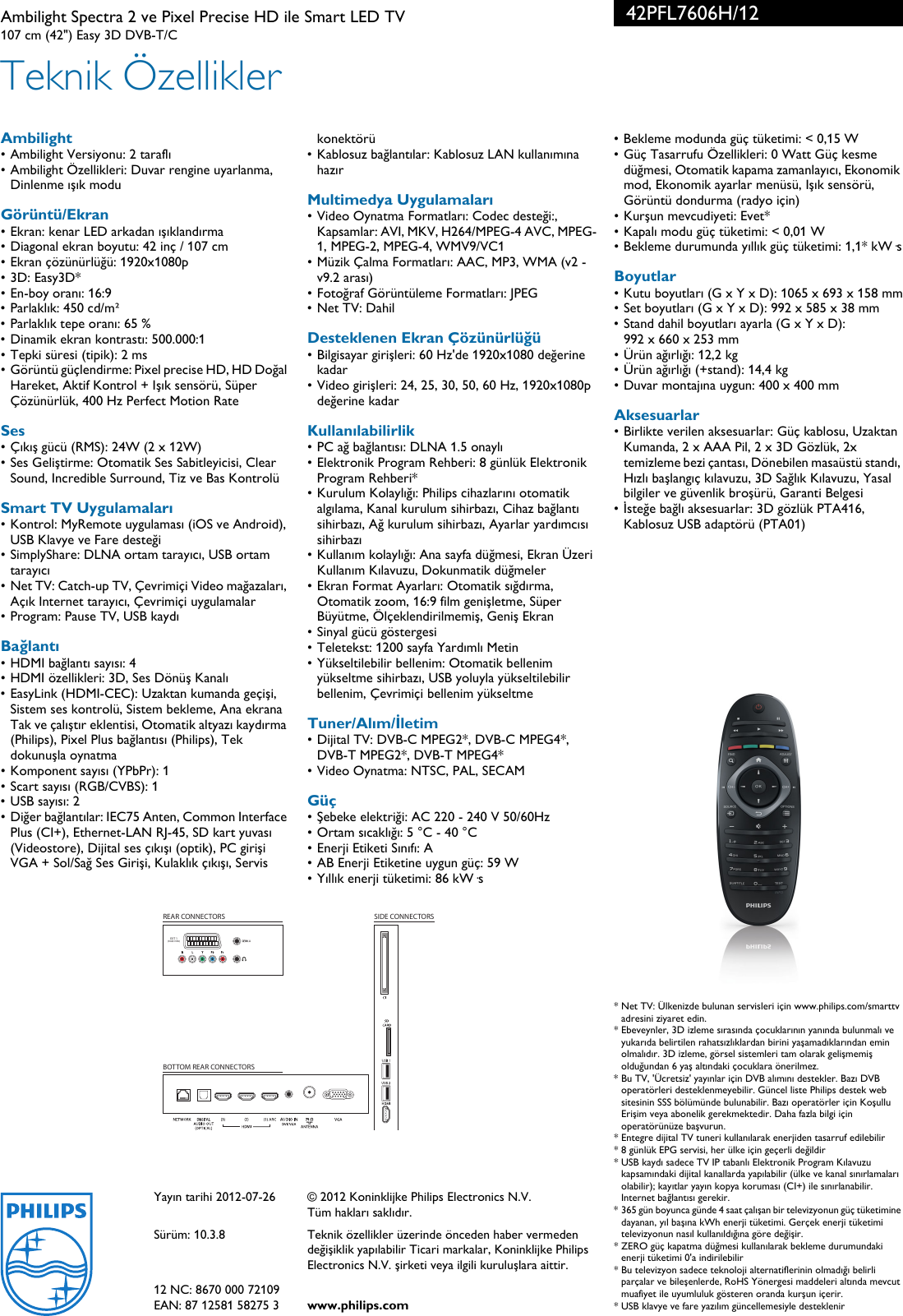 Philips 42pfl7606h 12 Ambilight Spectra 2 Ve Pixel Precise Hd Ile Smart Led Tv 42pfl7606h 12 Pss Turtr