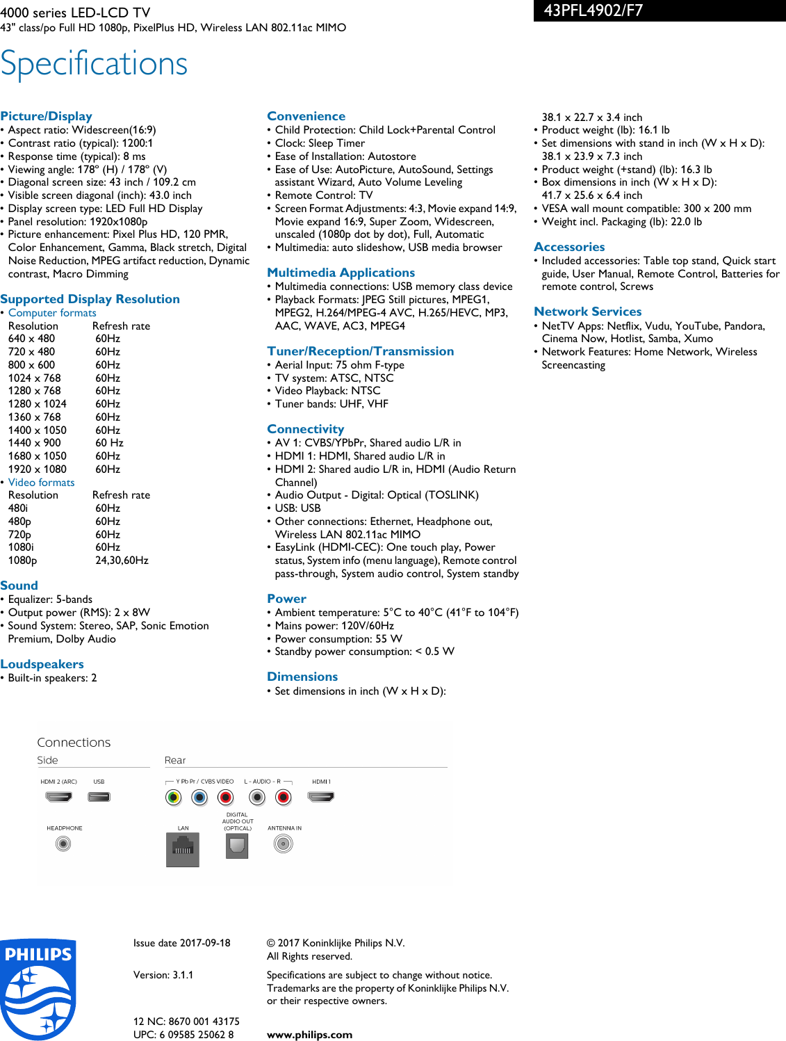 Page 3 of 3 - Philips 43PFL4902/F7 4000 Series LED-LCD TV With NetTV User Manual Leaflet 43pfl4902 F7 Pss Aenus