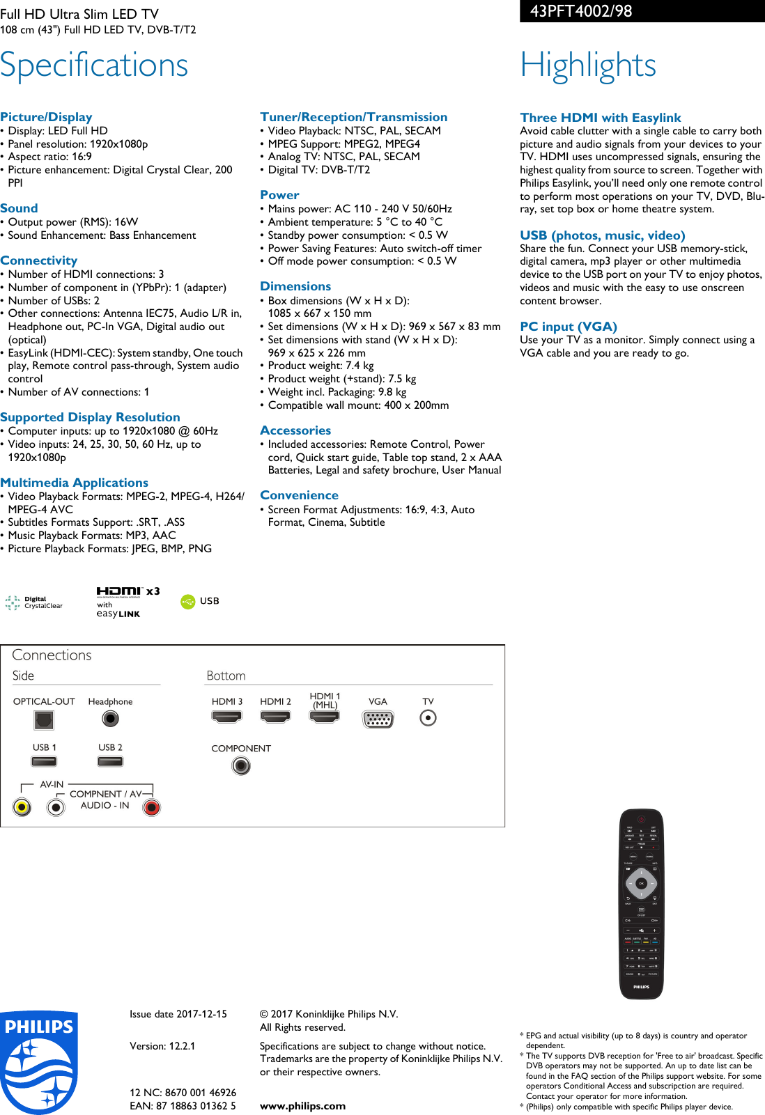 Page 2 of 2 - Philips 43PFT4002/98 Full HD Ultra Slim LED TV With Digital Crystal Clear User Manual Leaflet 43pft4002 98 Pss Engsg