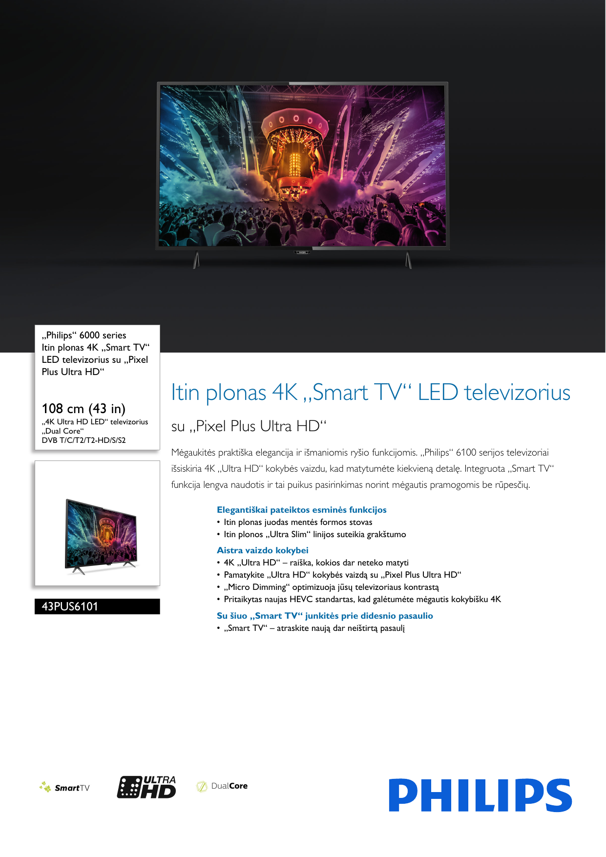 Page 1 of 3 - Philips 43PUS6101/12 Itin Plonas 4K „Smart TV“ LED Televizorius Su „Pixel Plus Ultra HD“ User Manual Informacinis Lapelis 43pus6101 12 Pss Litlt