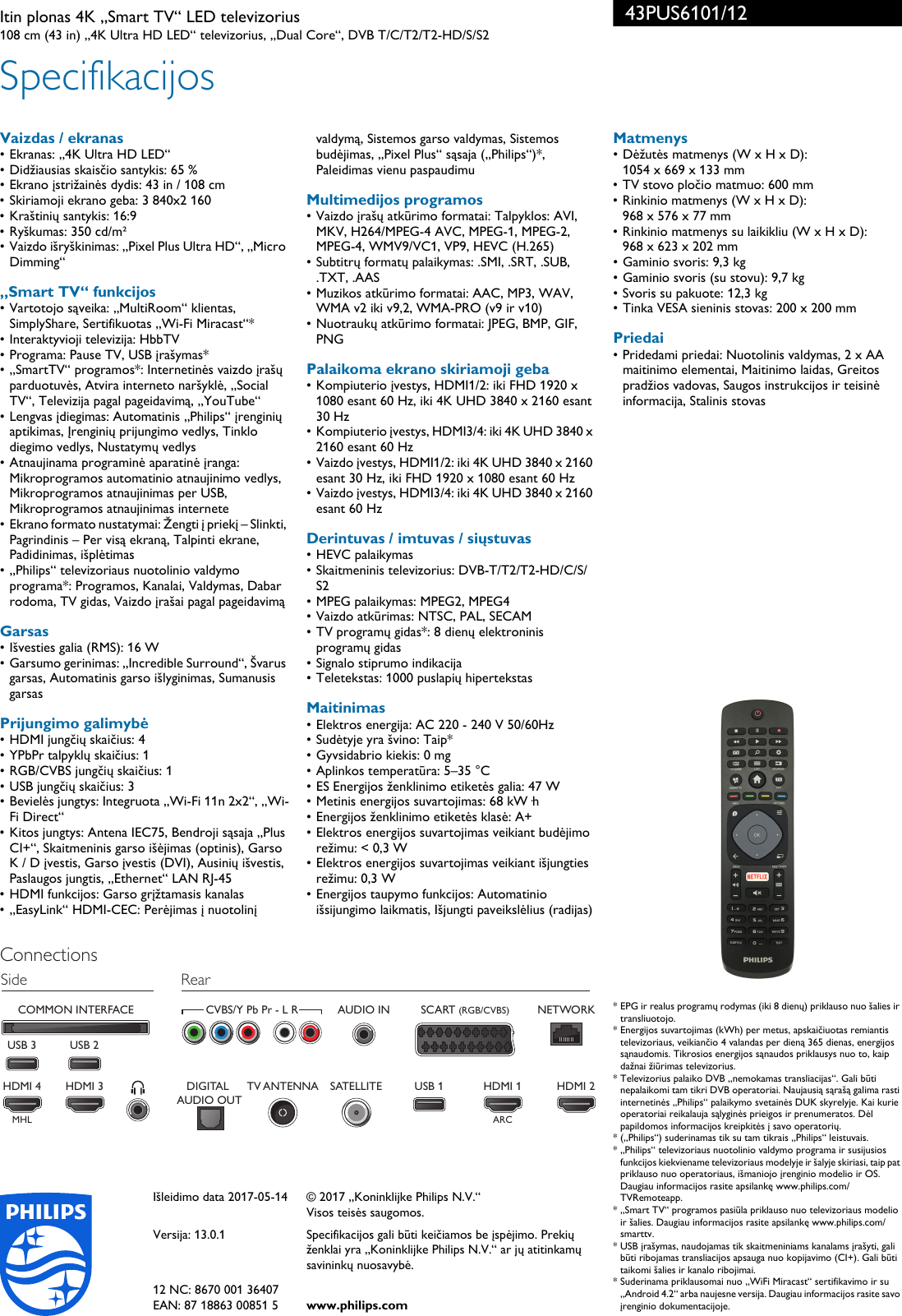 Page 3 of 3 - Philips 43PUS6101/12 Itin Plonas 4K „Smart TV“ LED Televizorius Su „Pixel Plus Ultra HD“ User Manual Informacinis Lapelis 43pus6101 12 Pss Litlt