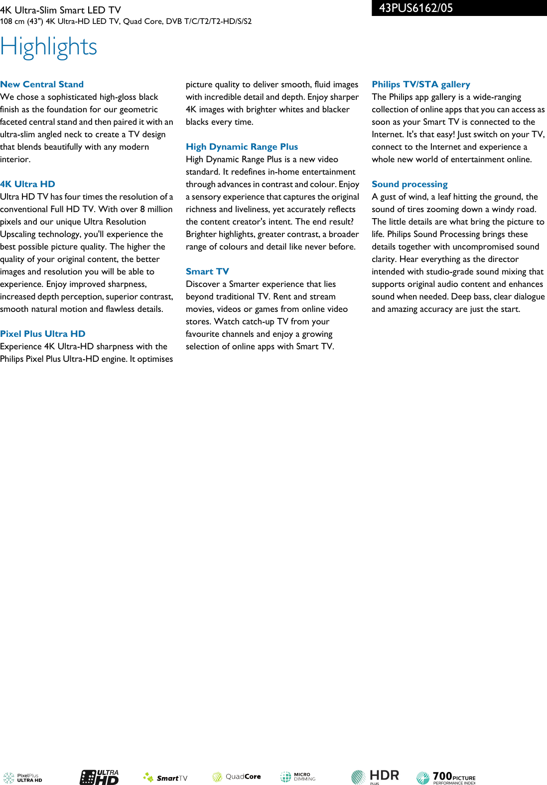 Page 2 of 3 - Philips 43PUS6162/05 4K Ultra-Slim Smart LED TV With Pixel Plus Ultra HD User Manual Leaflet 43pus6162 05 Pss Enggb