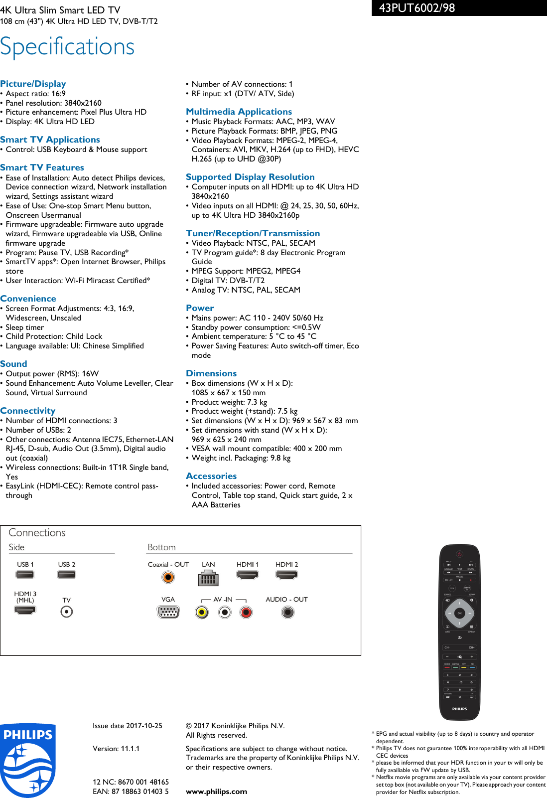 Page 3 of 3 - Philips 43PUT6002/98 4K Ultra Slim Smart LED TV With Pixel Plus HD User Manual Leaflet 43put6002 98 Pss Engsg