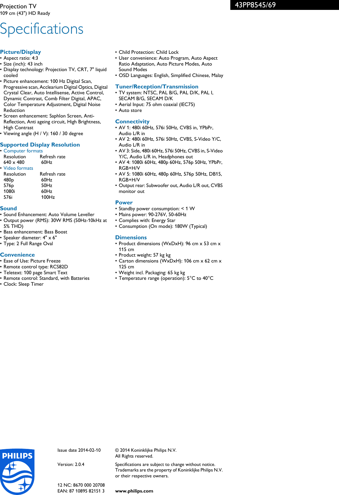 Page 3 of 3 - Philips 43PP8545/69 Projection TV Leaflet 43pp8545 69 Pss