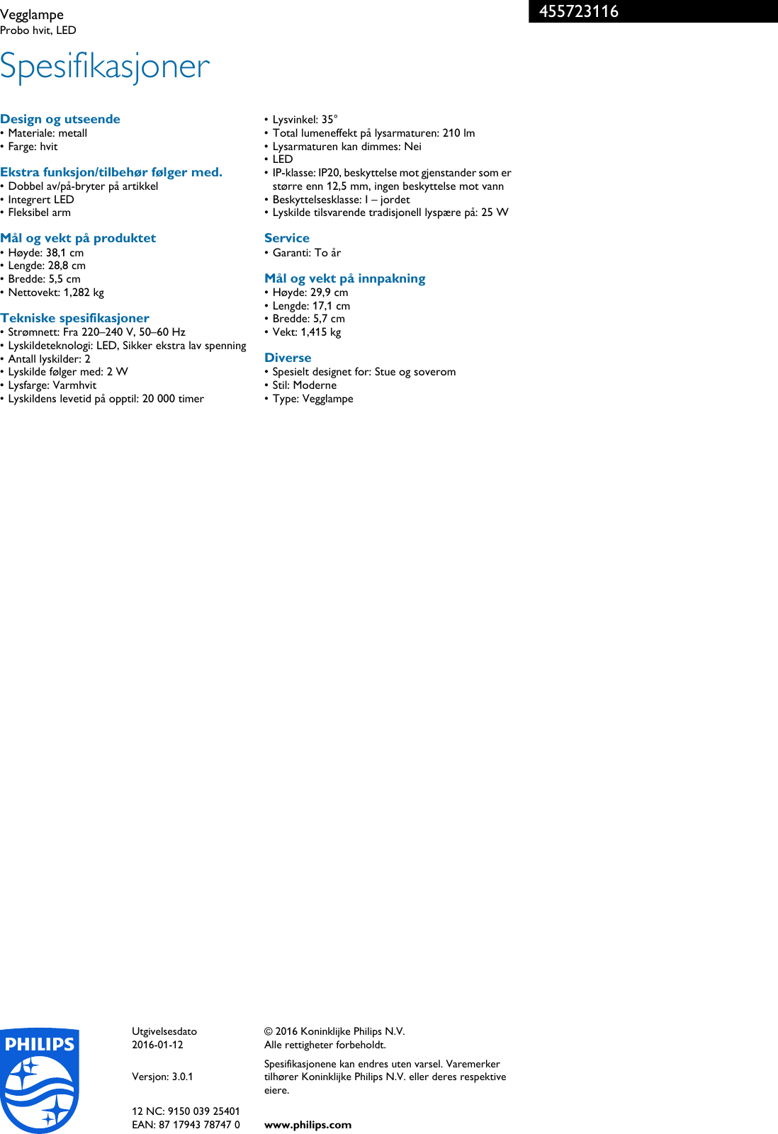 Page 3 of 3 - Philips 45572/31/16 455723116 Vegglampe User Manual Hefte Pss Norno