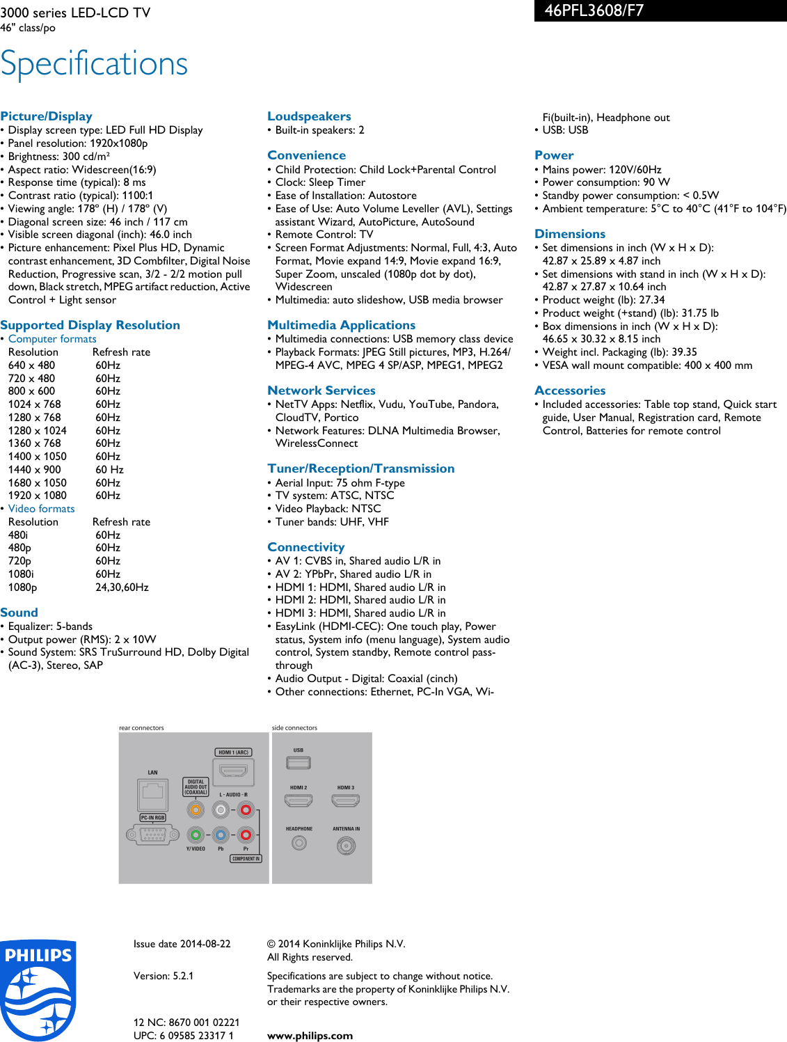 Page 3 of 3 - Philips 46PFL3608/F7 3000 Series LED-LCD TV User Manual Leaflet 46pfl3608 F7 Pss Aenus