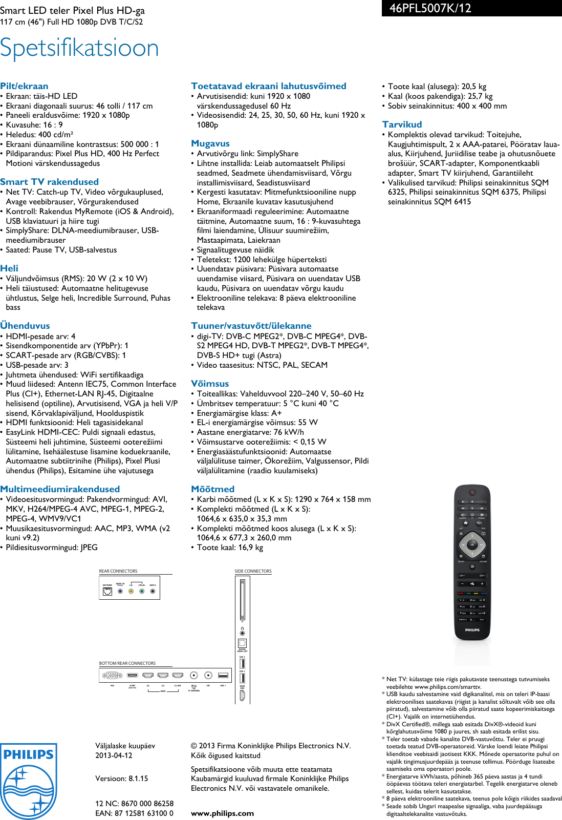 Prompt Say aside Evaluable Philips 46PFL5007K/12 Smart LED Teler Pixel Plus HD ga User Manual Voldik  46pfl5007k 12 Pss Estee