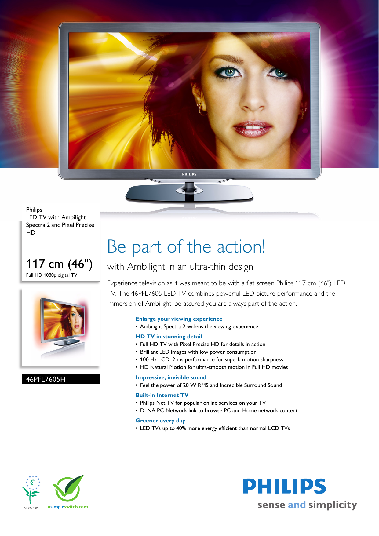 Page 1 of 3 - Philips 46PFL7605H/12 LED TV With Ambilight Spectra 2 And Pixel Precise HD User Manual Leaflet 46pfl7605h 12 Pss Enggb