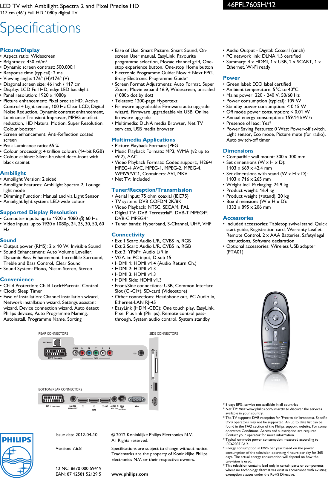 Page 3 of 3 - Philips 46PFL7605H/12 LED TV With Ambilight Spectra 2 And Pixel Precise HD User Manual Leaflet 46pfl7605h 12 Pss Enggb