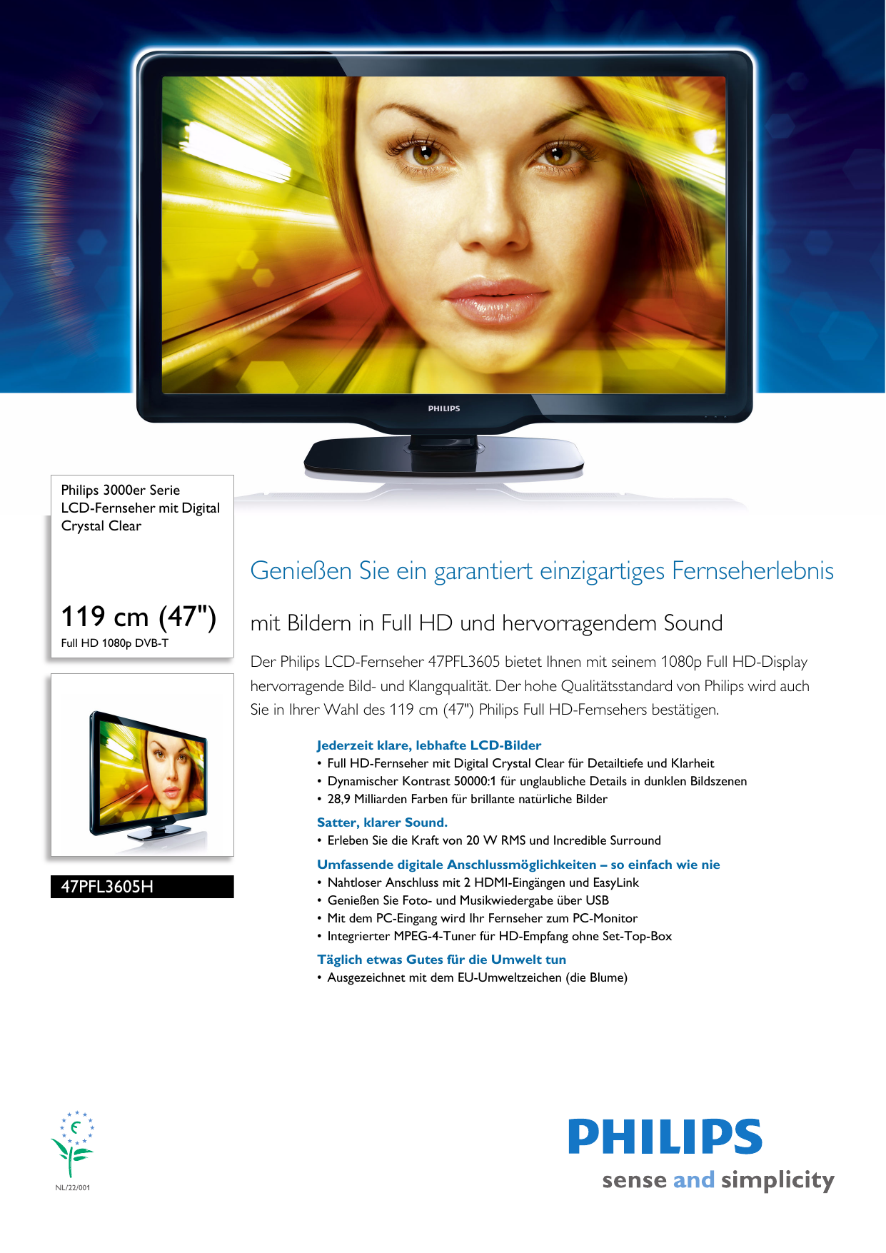 Page 1 of 3 - Philips 47PFL3605H/12 Leaflet 47PFL3605H_12 Released Austria (German)  User Manual Datenblatt 47pfl3605h 12 Pss Deuat