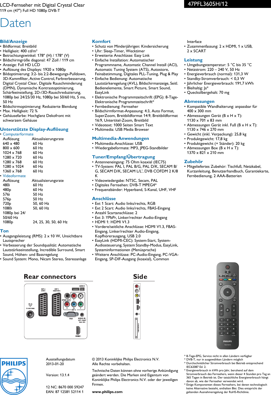 Page 3 of 3 - Philips 47PFL3605H/12 Leaflet 47PFL3605H_12 Released Austria (German)  User Manual Datenblatt 47pfl3605h 12 Pss Deuat