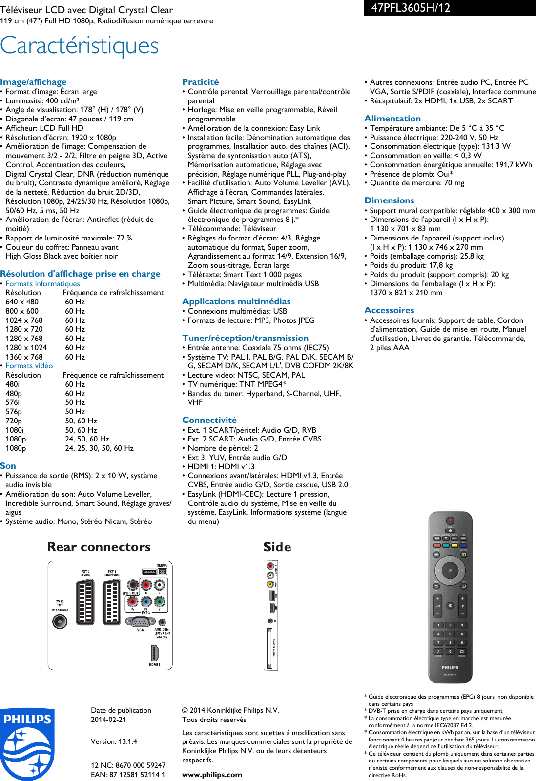 Page 3 of 3 - Philips 47PFL3605H/12 Leaflet 47PFL3605H_12 Released France (French)  User Manual Fiche Produit 47pfl3605h 12 Pss Frafr