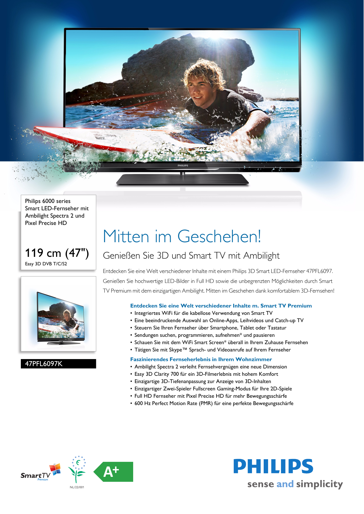 Page 1 of 3 - Philips 47PFL6097K/12 Leaflet 47PFL6097K_12 Released Germany (German)  User Manual Datenblatt 47pfl6097k 12 Pss Deuat