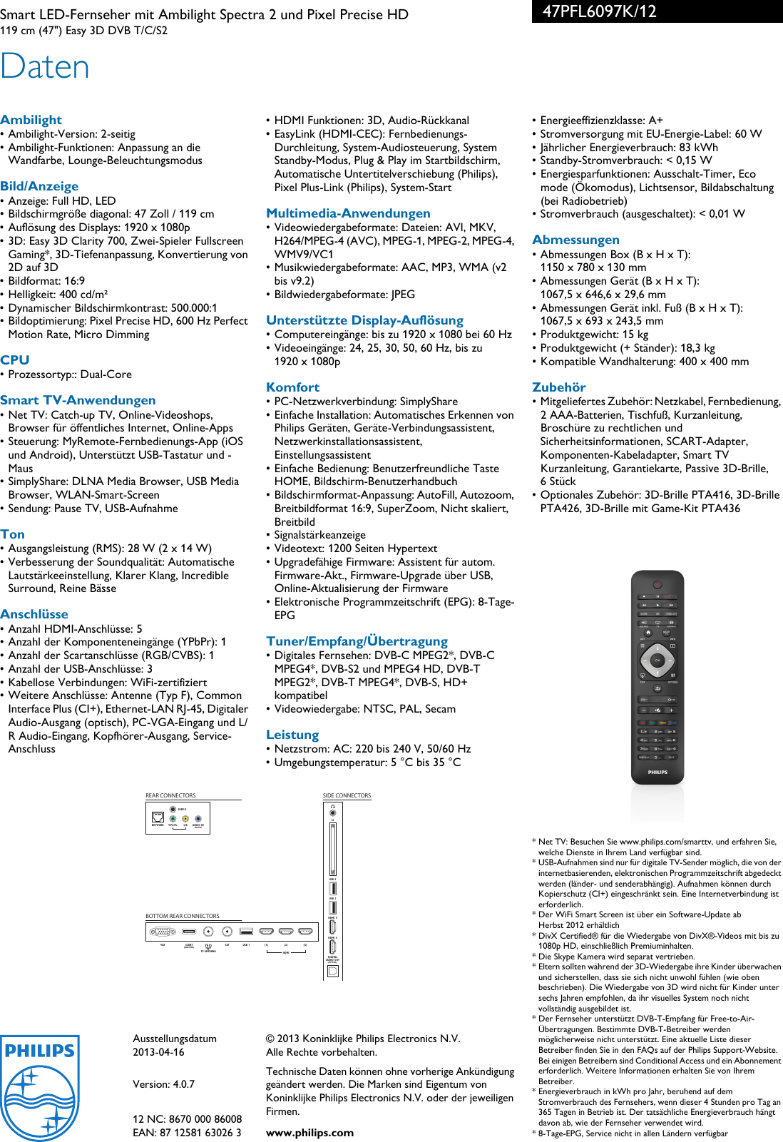 Page 3 of 3 - Philips 47PFL6097K/12 Leaflet 47PFL6097K_12 Released Germany (German)  User Manual Datenblatt 47pfl6097k 12 Pss Deuat