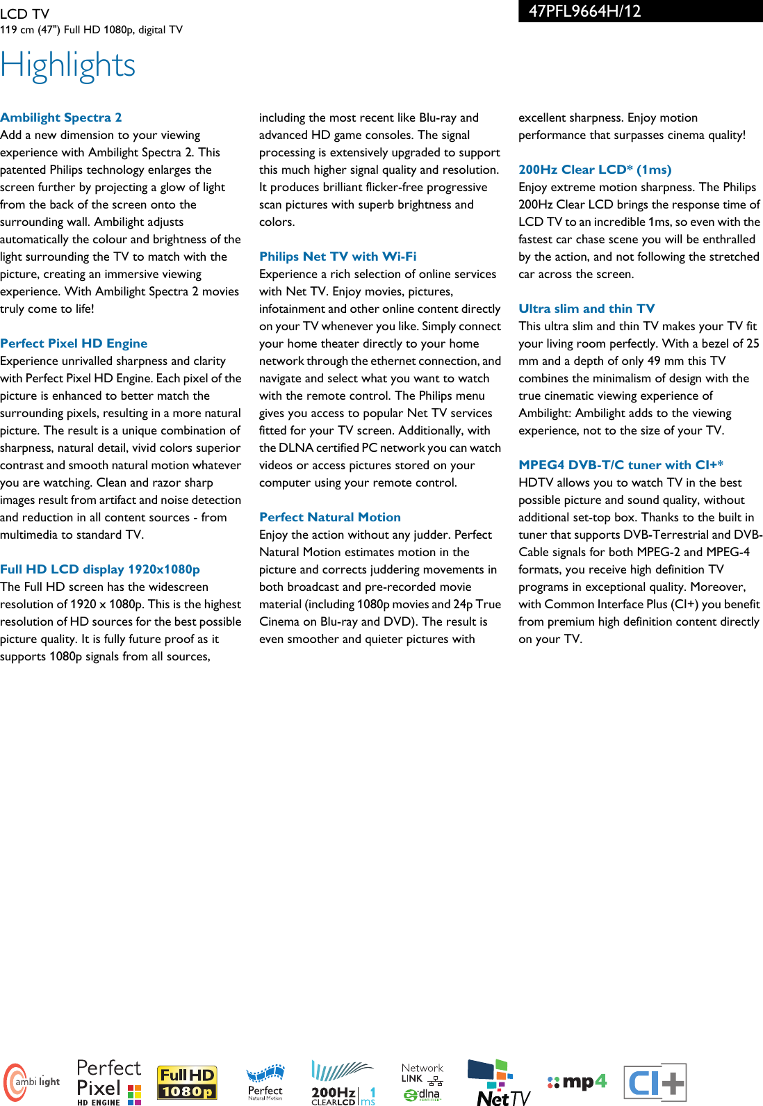 Page 2 of 3 - Philips 47PFL9664H/12 LCD TV With Ambilight Spectra 2 And Perfect Pixel HD Engine User Manual  47pfl9664h 12 Pss