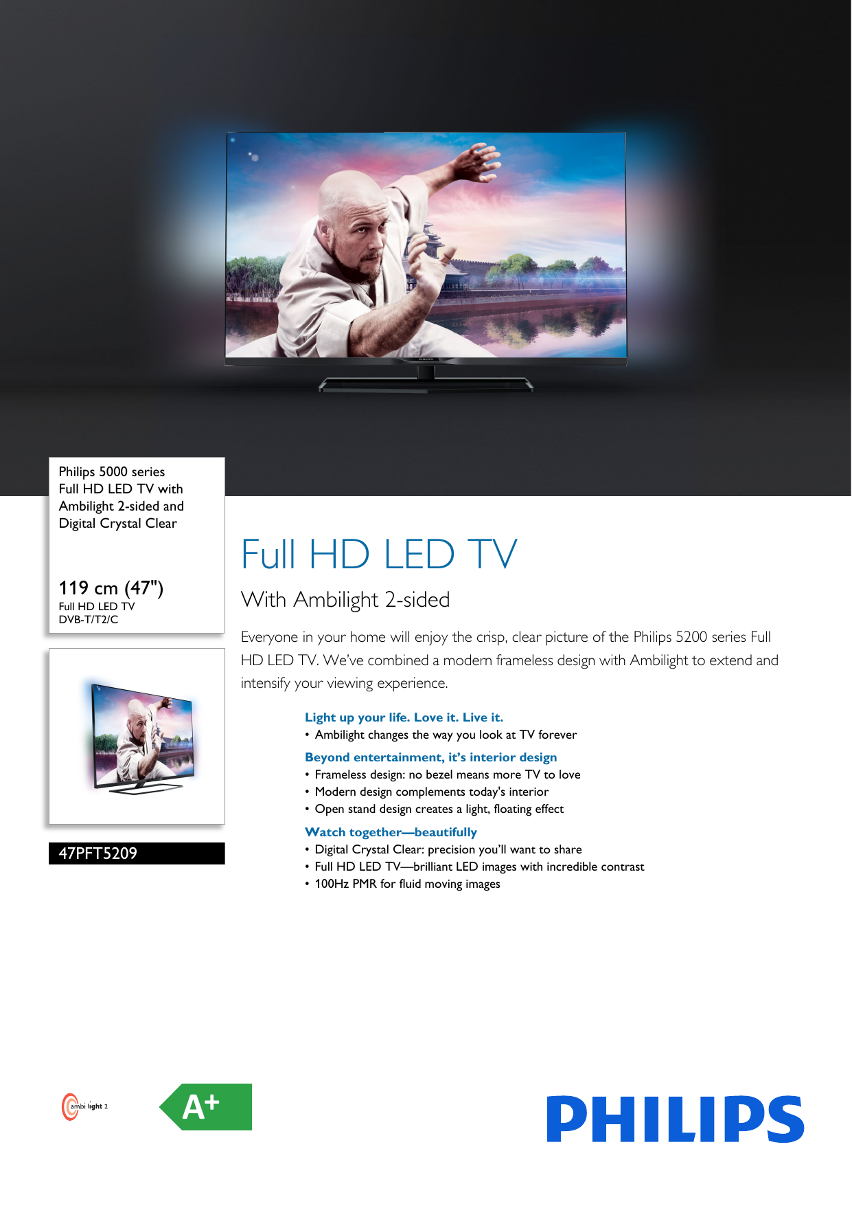 Page 1 of 3 - Philips 47PFT5209/12 Full HD LED TV With Ambilight 2-sided And Digital Crystal Clear User Manual Leaflet 47pft5209 12 Pss