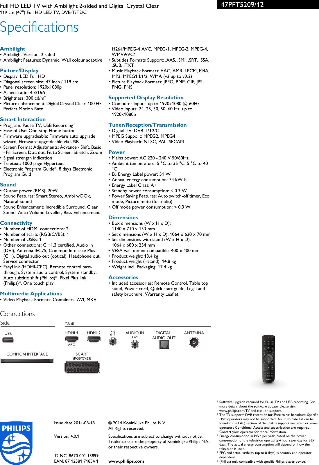 Page 3 of 3 - Philips 47PFT5209/12 Full HD LED TV With Ambilight 2-sided And Digital Crystal Clear User Manual Leaflet 47pft5209 12 Pss