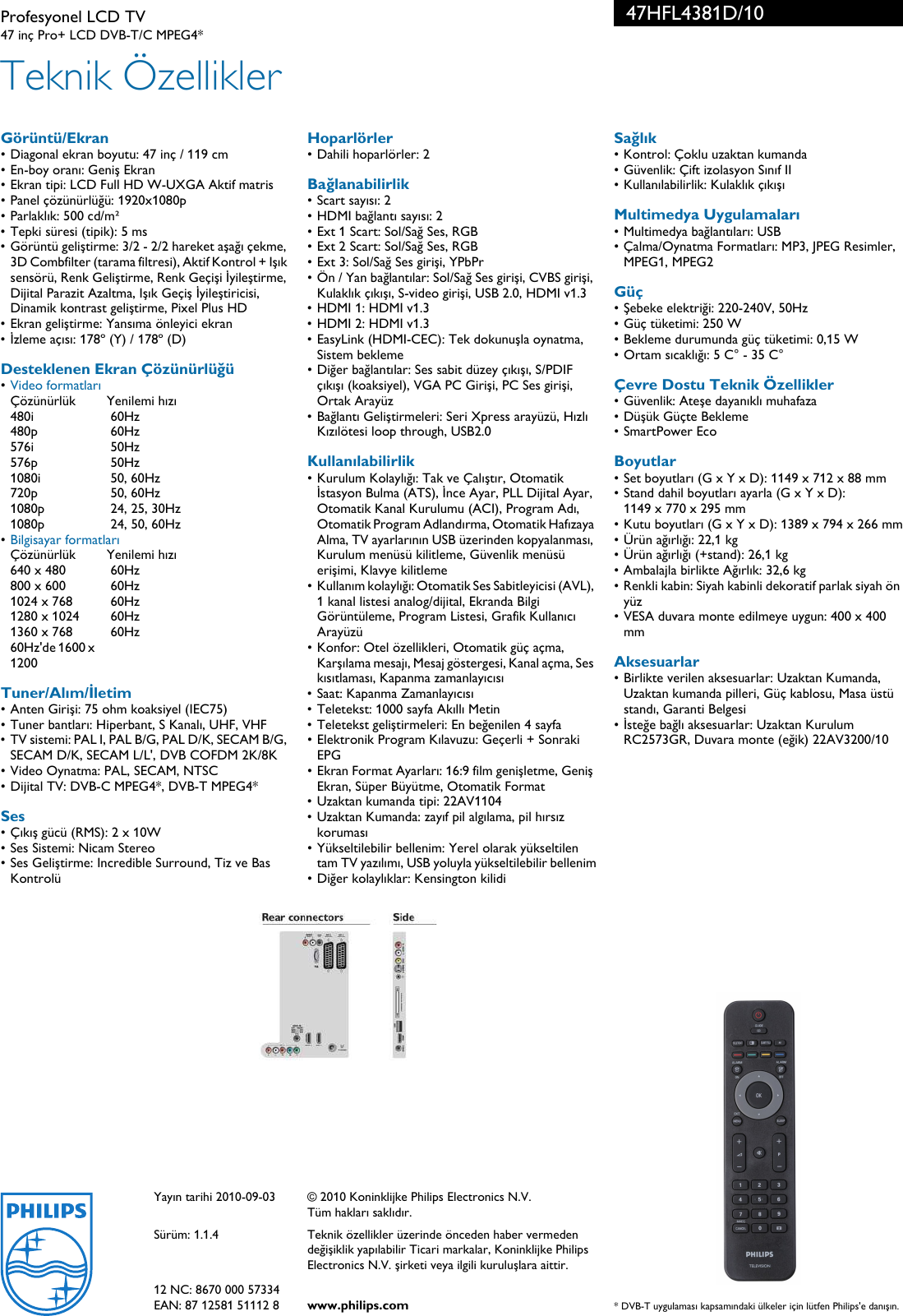 Philips 47hfl4381d 10 Profesyonel Lcd Tv 47hfl4381d 10 Pss Turtr